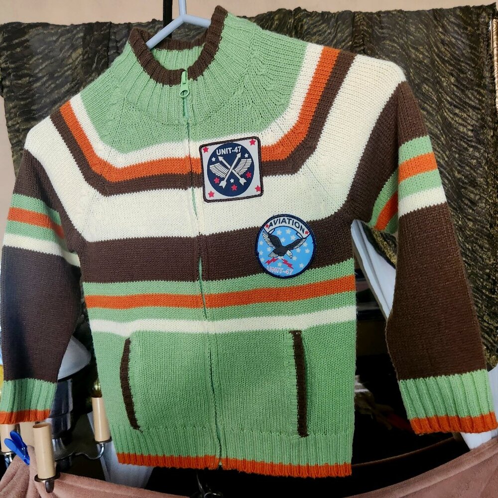 K4 Adorable British brand Boys Sweater Coat Aviation themeFull zip w/pockets Sz5